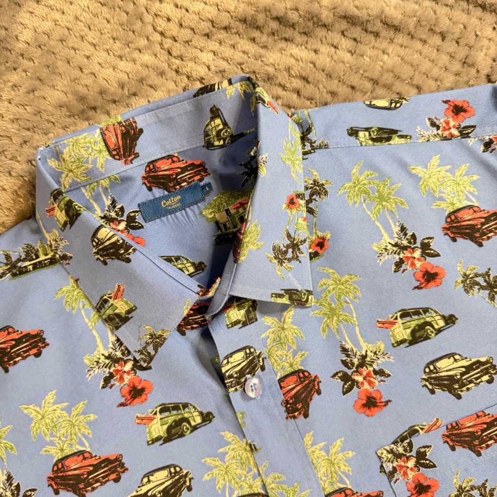Cotton Traders Mens Blue Hawaiian Shirt Classic Car Palm Tree Tropical Large